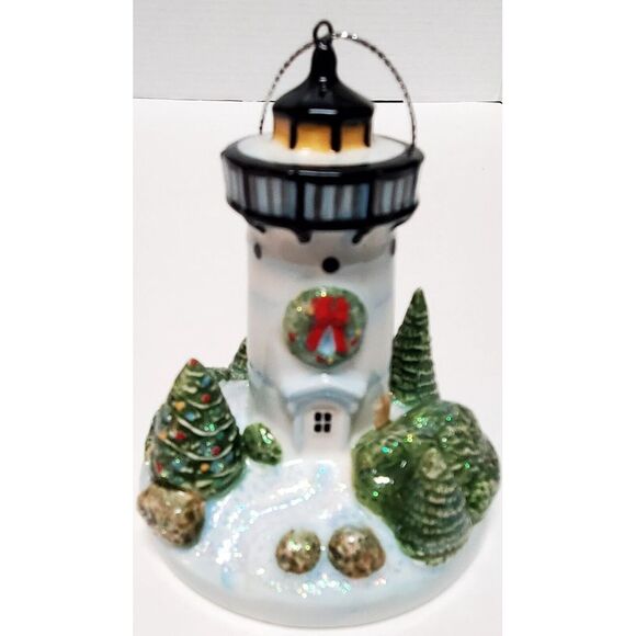 Lighthouse Christmas Ornament Ceramic Wreath On Door Trees Rocks Sparkle Giltter - Picture 4 of 10